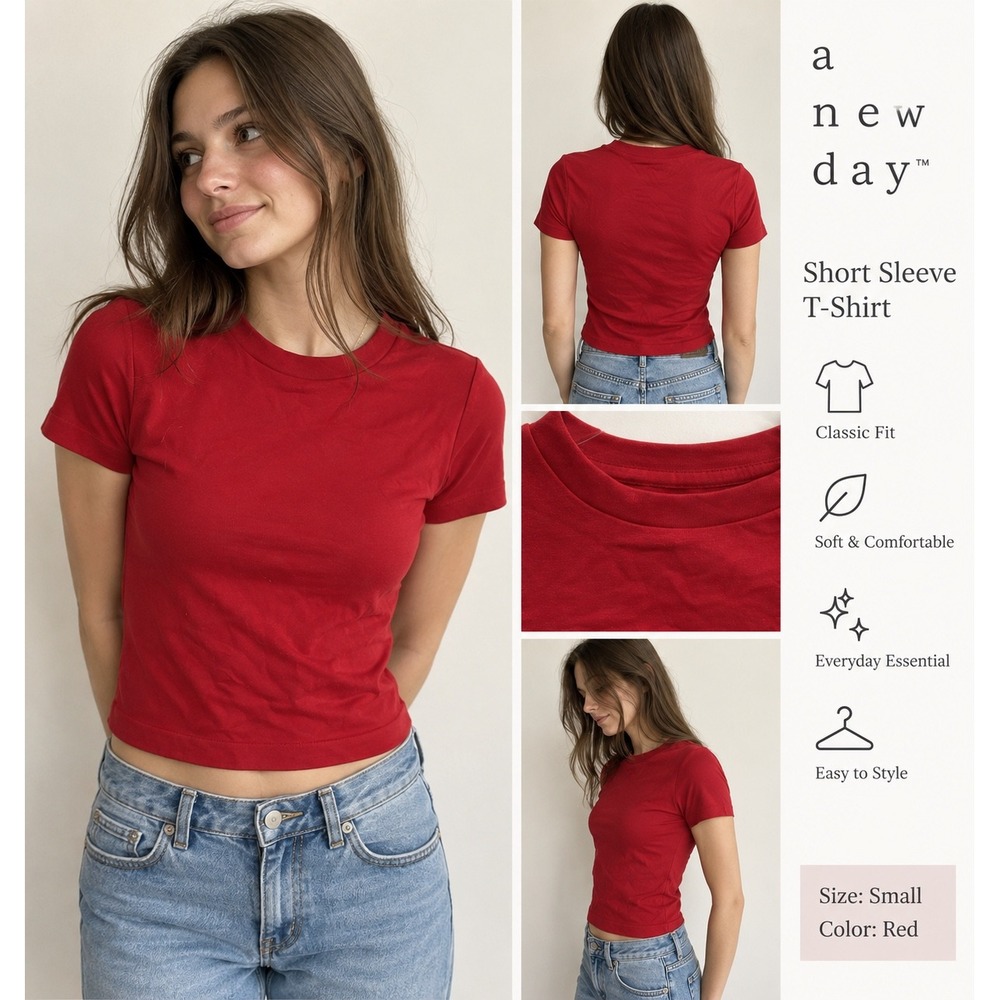 A New Day Womens Red Short Sleeve Crew Neck T-Shirt Size XS Classic Fit Tee